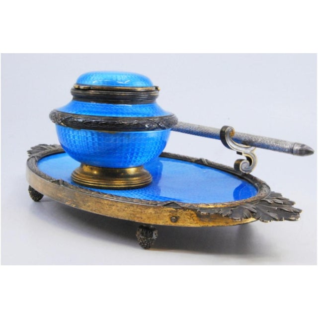 Silver Inkwell with Reliefs and Applications in Blue Enamel For Sale - Image 3 of 9