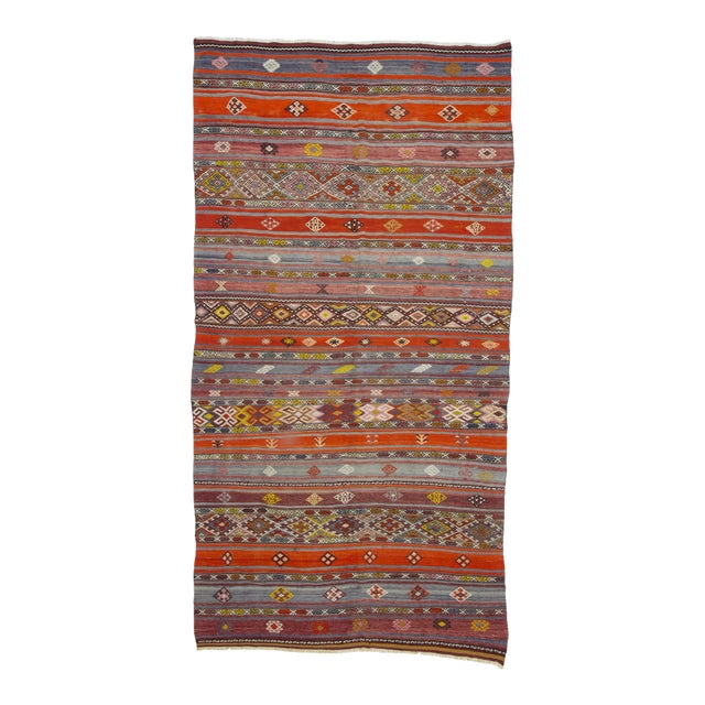 Embroidered Vintage Turkish Kilim Rug For Sale