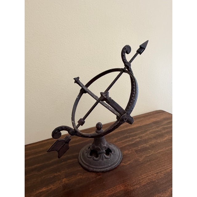 French Country Rustic Iron Armillary Sphere Sundial on Pedestal – European Garden Accent For Sale - Image 3 of 11