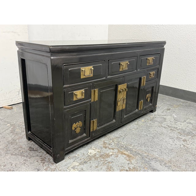 Asian Tianjin Influenced Black Lacquer Sideboard, Vintage For Sale - Image 3 of 12