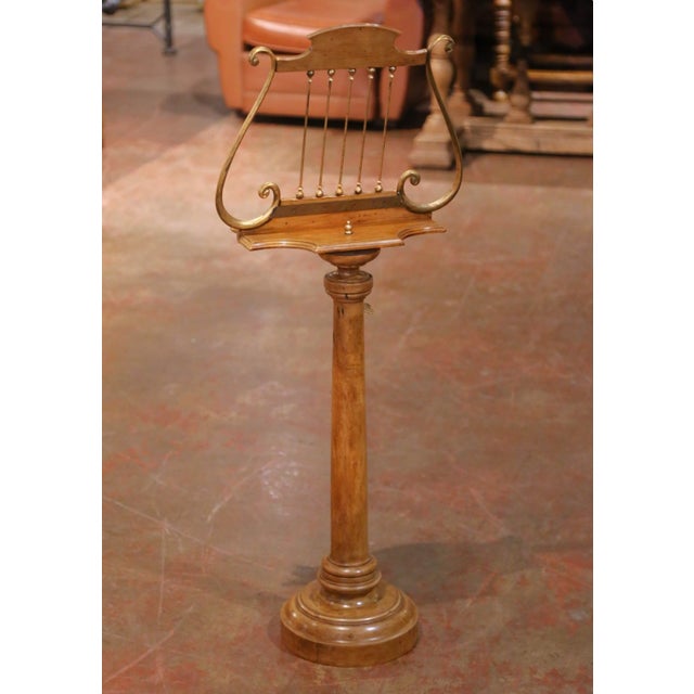 19th Century French Walnut and Brass Adjustable Lyre-Form Lutrin Music Stand For Sale - Image 9 of 11