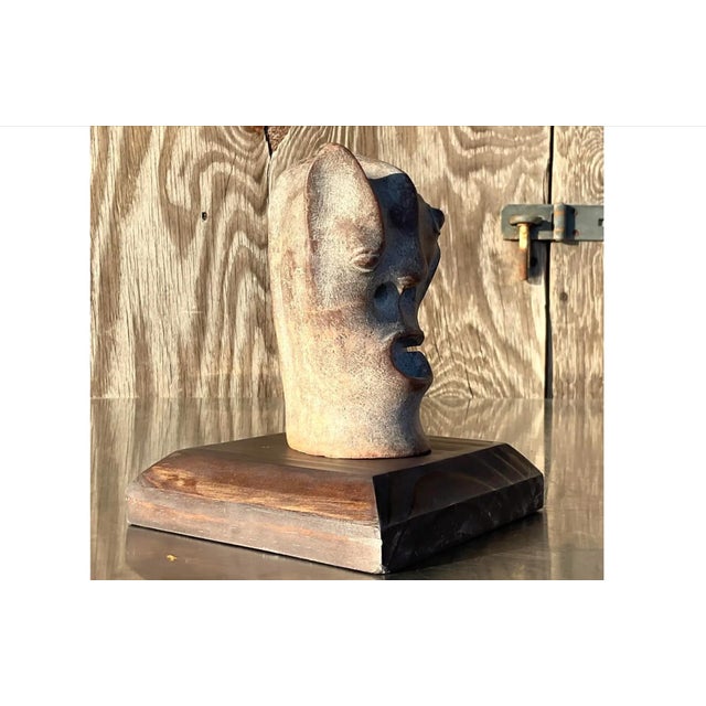 Vintage Boho Abstract Carved Stone Head Sculpture For Sale - Image 11 of 12