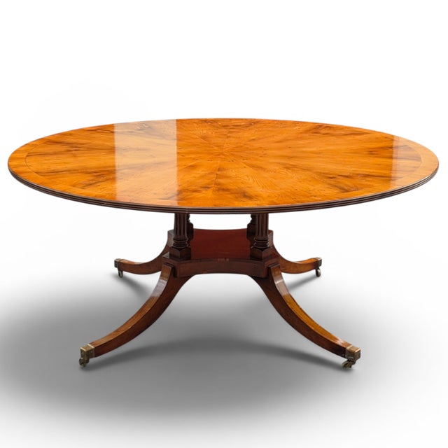 72" English Regency Revival Figured Elm Sunburst Center Pedestal Dining Table on Brass Casters For Sale - Image 16 of 16