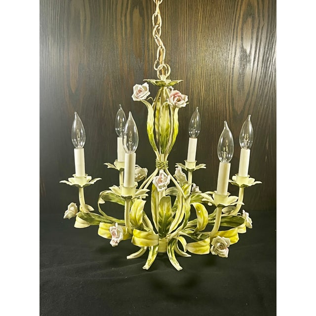Vintage Tole Six-Arm Chandelier With Roses & Leaves For Sale - Image 16 of 16