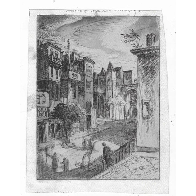 1950s unsigned etching on paper with graphite additions of a square in a European city. Combined shipping available,...