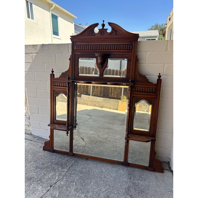Antique Victorian or Eastlake-Style Carved Wood Overmantel Mirror Featuring Multiple Bevelled Glass Panels and Display Shelves For Sale In Los Angeles - Image 6 of 9