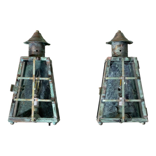 Funky Vintage Pair of Solid Patinated Brass and Copper Wall Lanterns For Sale