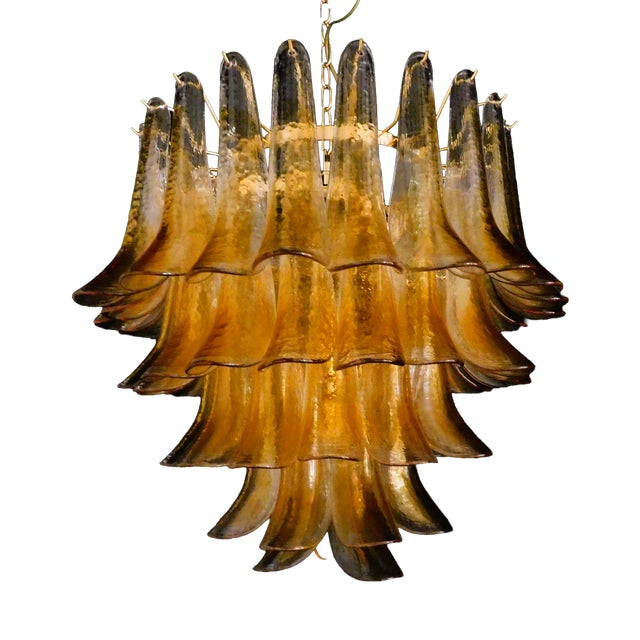 Vintage Murano Chandelier with Handmade Amber Petal-Shaped Glass, 1970s For Sale