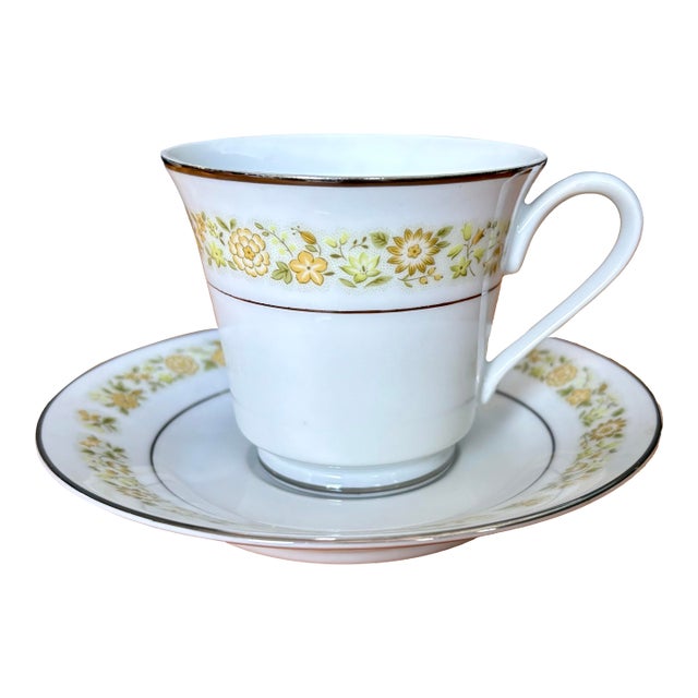 Vintage Towne House Spring Teacup & Saucer Sets • Yellow Floral Band and Silver Trim • Sold Individually by Set For Sale