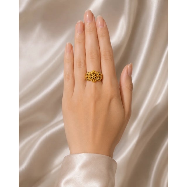 Modern Late 20th Century 114K Yellow Gold Filigree Black Brown Diamond Floral Band Ring, Size 7 For Sale - Image 3 of 3