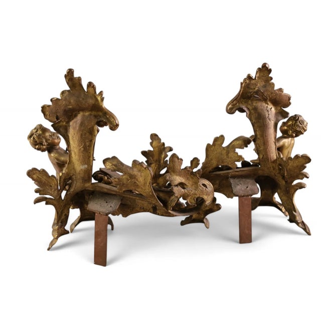 Pair of Antique Gilt Bronze Allegorical Figural Andiron Chenets Pair of chiseled bronze firedogs after a model by Jacques...