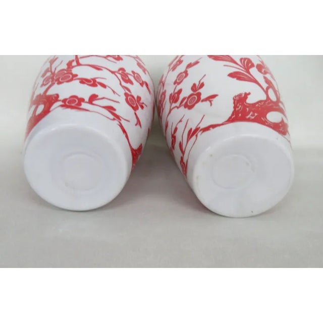 Red Anchor Hocking Red Birds Cherry Blossoms Milk Glass Vases a Pair For Sale - Image 8 of 11