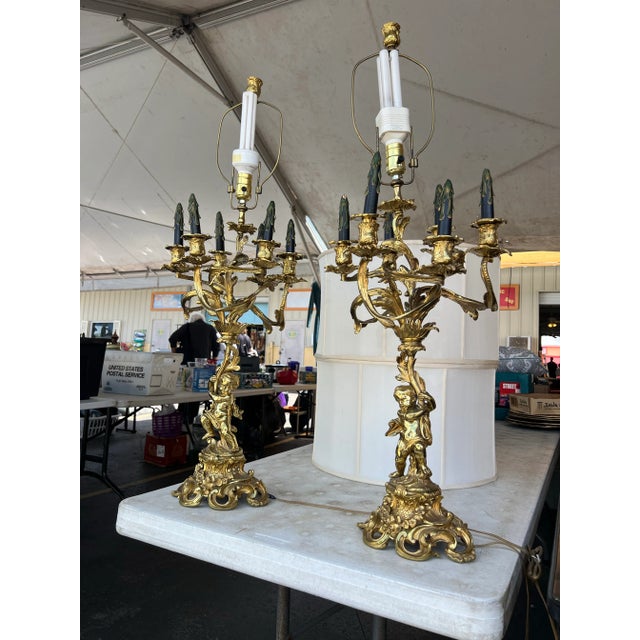 Mid-Century Modern Pair of French Gilt Bronze Figural Candelabra Table Lamp With Cherub For Sale - Image 3 of 6