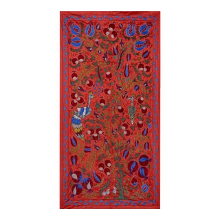 Red & Blue Uzbek Suzani Wall Hanging – Pomegranate Tree and Bird Embroidered Textile 3'4'' X 6'1'' For Sale