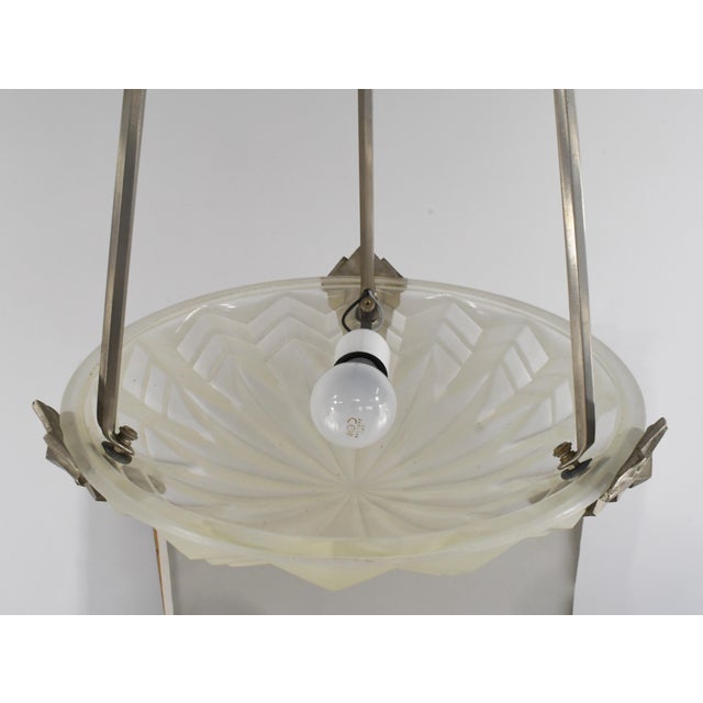 Maynadier & Degue French Art Deco 3-Armed Chandelier - 1930s Nickeled Bronze & Frosted Glass For Sale - Image 13 of 18