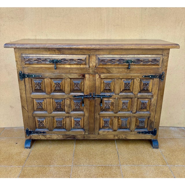 Rustic Spanish Revival Carved Wood Cabinet with Iron Hardware, 1940s For Sale - Image 3 of 8