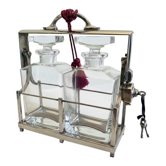 Restoration Hardware Sloane Crystal Decanter Set-Silverplate Locking Caddy-Key For Sale