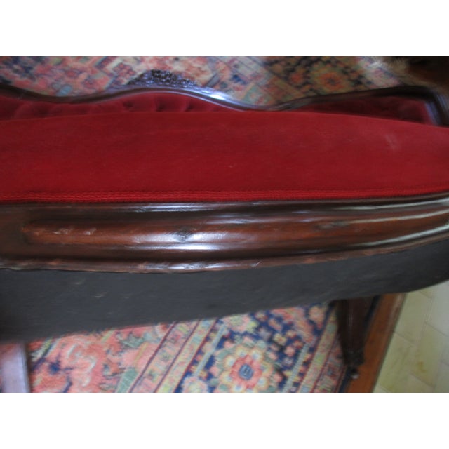 Antique Victorian Carved Walnut Red Velvet Tufted Love Seat For Sale - Image 12 of 14