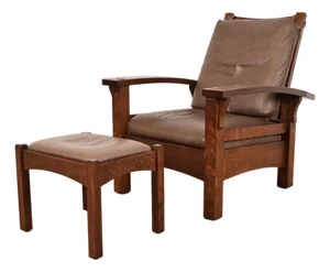 Gustav Stickley Mission Oak Arts & Crafts Bow Arm Reclining Morris Lounge Chair With Ottoman by Warren Hile Studio, Newly Refinished