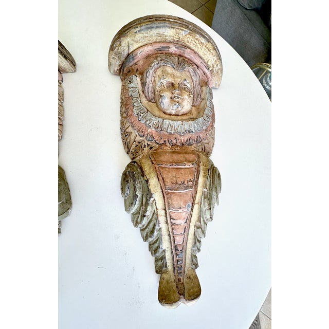 Pair Spanish Colonial Wood Polychrome Cherub Corbel Wall Brackets For Sale - Image 9 of 17