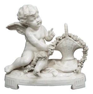 Porcelain Sculpture Depicting Putto with Basket of Flowers from Capodimonte, 20th Century