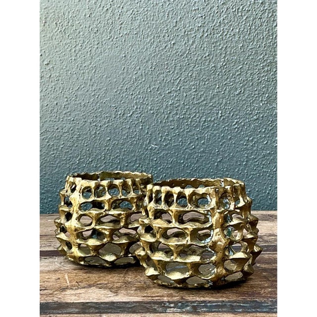 Metal Vintage Brutalist Brass Candle Holders - Pair For Sale - Image 7 of 12