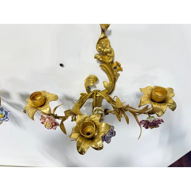 Pr, French Rococo Revival Gilt Bronze Sconces With Porcelain Flowers, 19th C For Sale - Image 13 of 14