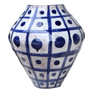 Cobalt Grid Italian Ceramic Vase For Sale
