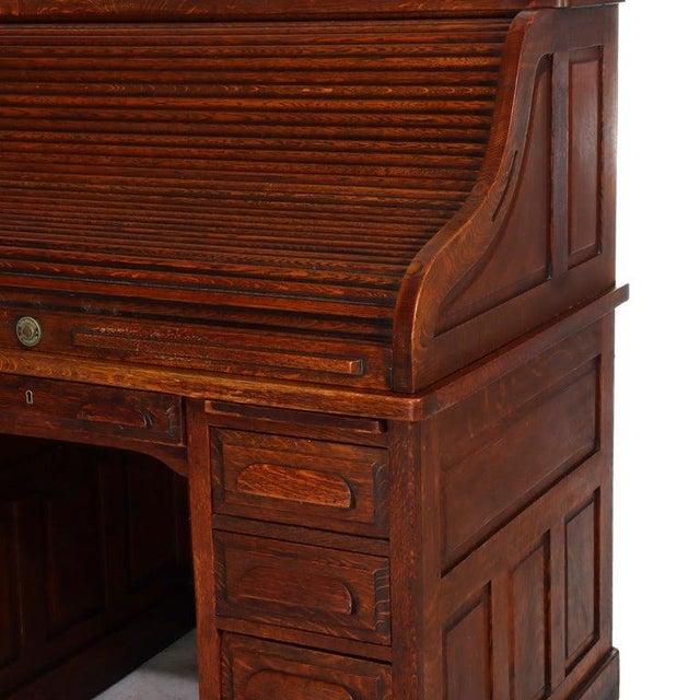 Brown Antique Standard Raised Panel Oak S-Roll Top Desk With Full Interior C1910 For Sale - Image 8 of 10