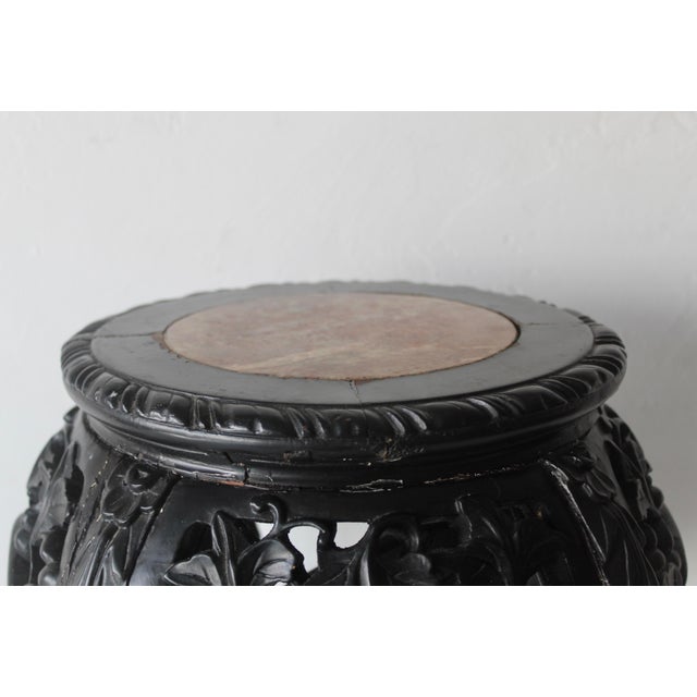 Asian Carved Rosewood Style Wood Stool Plant Stand With Inset Marble Top Vintage Mid-Century For Sale - Image 4 of 17