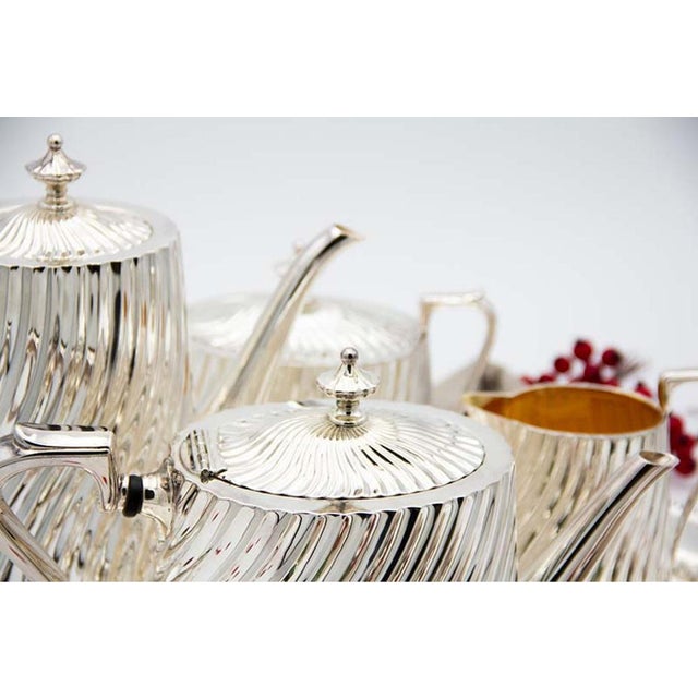 Modernist Silver Tea Service with Tray in Relief, Set of 4 For Sale - Image 5 of 8