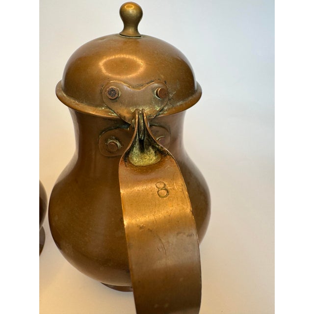 Metal Antique French Copper & Brass Lidded Pitchers, Set of 2 For Sale - Image 7 of 12