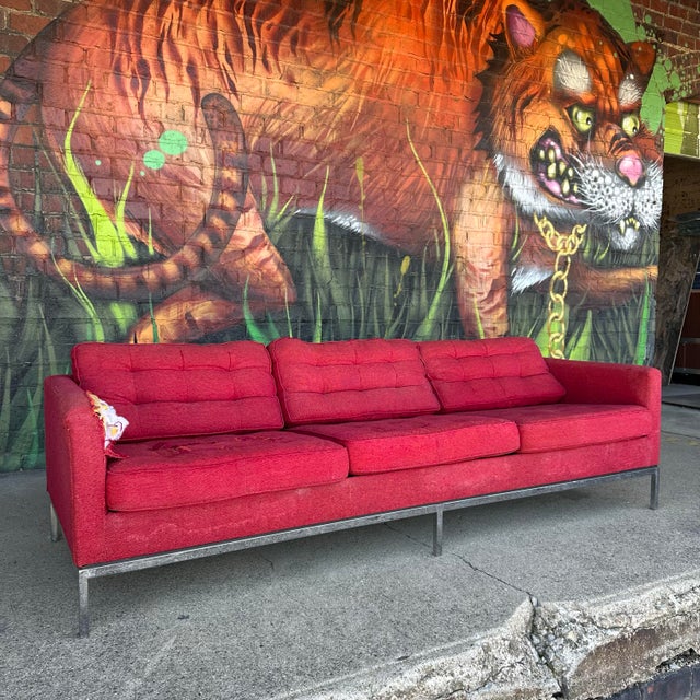 Mid Century Modern Florence Knoll Chrome Base 3 Seater released Sofa. This Florence Knoll sofa is vintage and Features a...