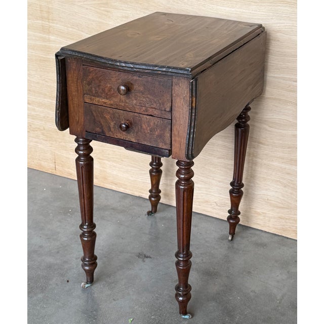 Brown Victorian Wood Drop Leaf Side Table With Turned Legs and Wheels For Sale - Image 8 of 18