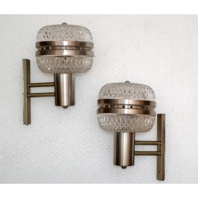 Mid-Century Modern Italian Brushed Stainless Steel & Cut Glass Sconces - Pair For Sale - Image 13 of 13