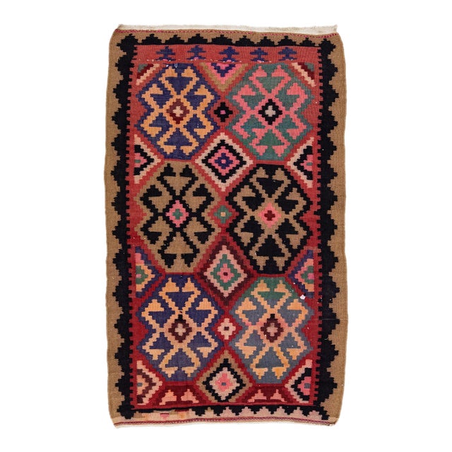 1960s Vintage Turkish Kilim Multicolor Handmade Geometric Wool Rug For Sale