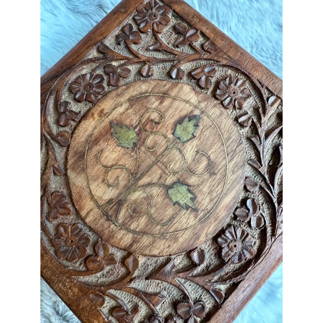 Wood Hand Carved Wood Box With Brass Inlay For Sale - Image 7 of 12