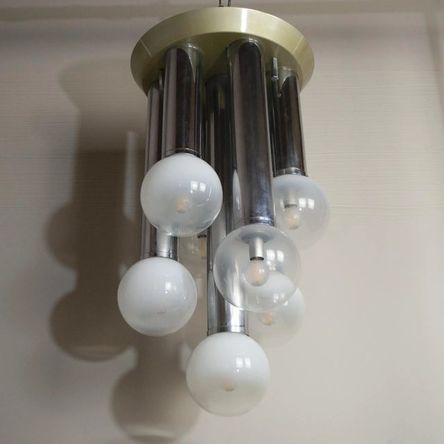 Mid-Century Modern Suspension Chandelier With 7 Lights in Satin Glass, Italy, 1970s For Sale - Image 3 of 10