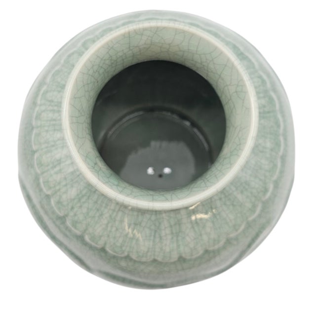 Ceramic Maitland Smith Thai Celadon Crackle Glazed Porcelain Vase With Elephant Relief For Sale - Image 7 of 8