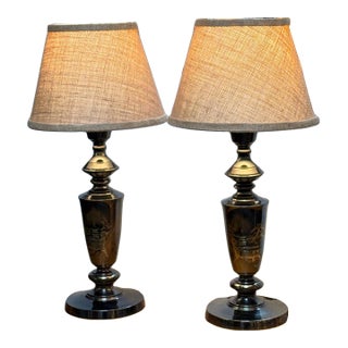 Mid 20th Century Japanese Black Bronze Japanese Etched Table Lamps, Pair For Sale