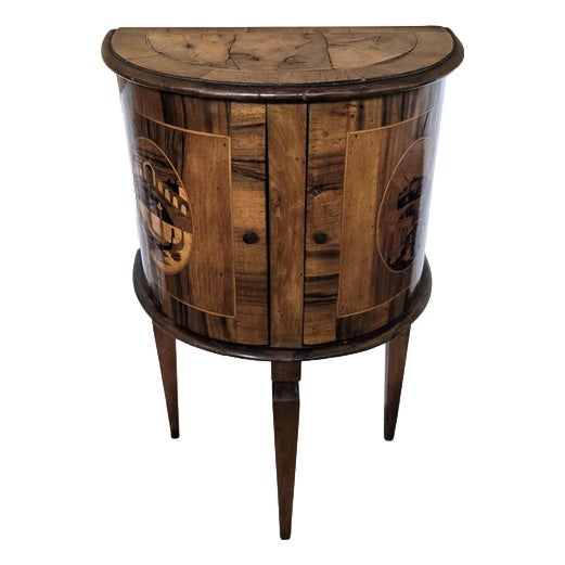 Art Deco Italian Demilune Night Stand in Marquetry Inlay Burl Wood, 1940s For Sale