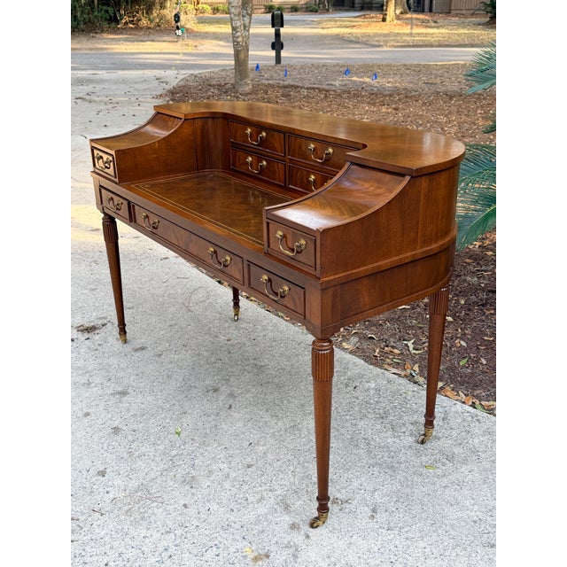 Wood Flame Mahogany Leather Top Carlton House Desk For Sale - Image 7 of 11