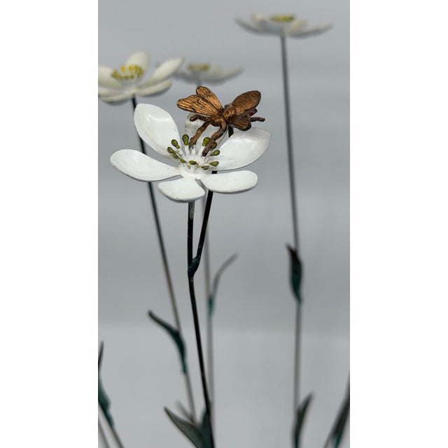 Vintage Tole Kinetic Sculpture of White Flowers With a Bee For Sale - Image 4 of 12