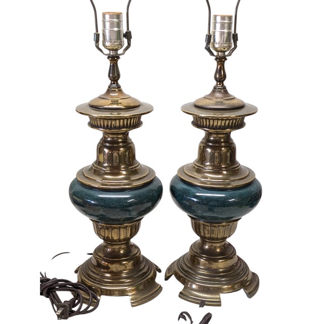 1980s 1980s Pair of Brass & Marble Table Lamps in the Style of Stiffel For Sale - Image 5 of 5