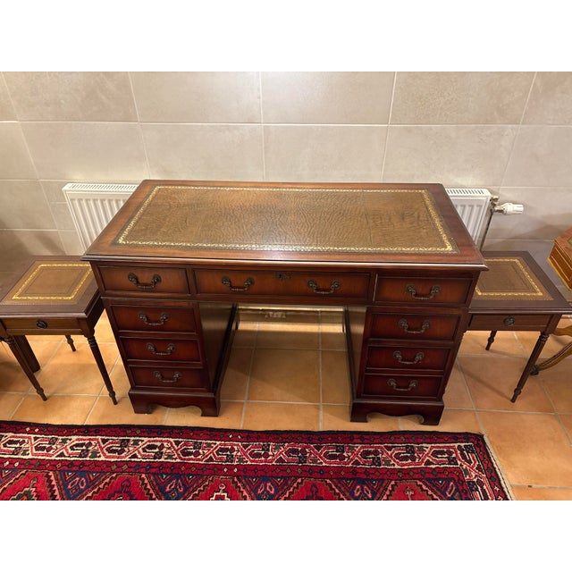 Vintage English Pedestal Desk with Side Tables, Set of 3 For Sale - Image 5 of 6