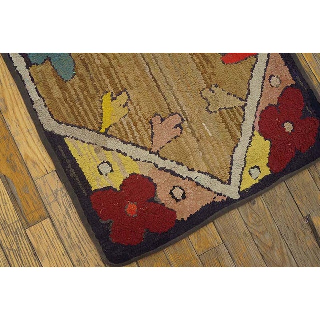 Early 20th Century 1920s Tan Camel Floral Folk Art Antique American Hooked Rug 1'10" X 3'3" Handknotted Wool Carpet For Sale - Image 5 of 5