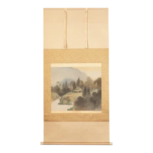 Showa Era Japanese Scroll Painting "Landscape With Pine Trees"