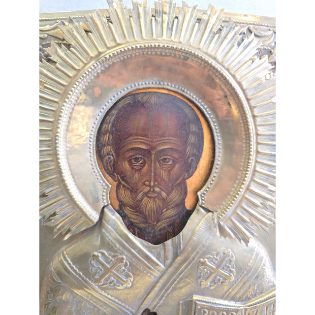 Russian Artist, Icon of Saint Nicholas with Silver-Plated Metal Oklad, 1880, Metal and Silver For Sale - Image 4 of 12