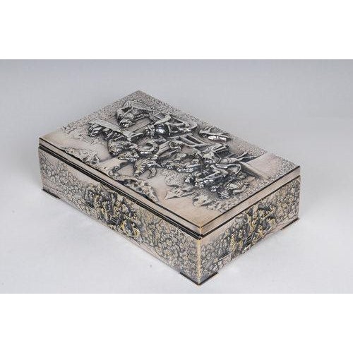 Silver Antique Continental Silverplate Covered Village Scene Motif Rectangular Box For Sale - Image 8 of 12