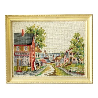 Mid 20th Century Waterfront Village Needlepoint, Framed For Sale